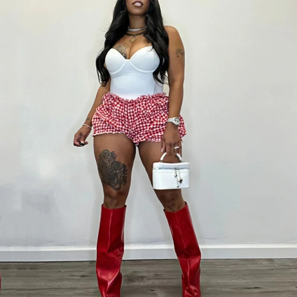 Sweet Plaid Print Ruched Shorts Two Piece-Set
