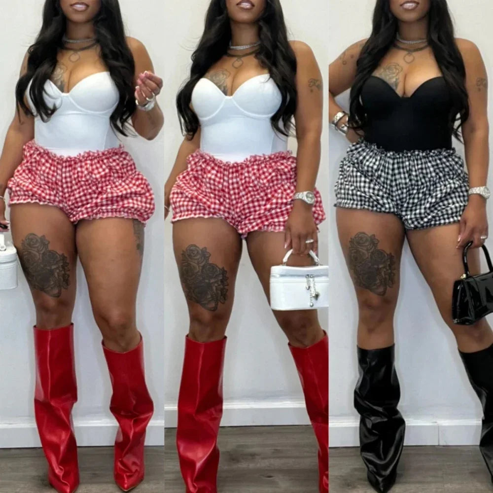 Sweet Plaid Print Ruched Shorts Two Piece-Set